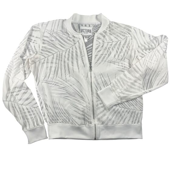 VICTORIA Secret Gauzy White Sport Zip Up Palm Leaf Pattern Long Sleeve Top Large - Picture 1 of 6